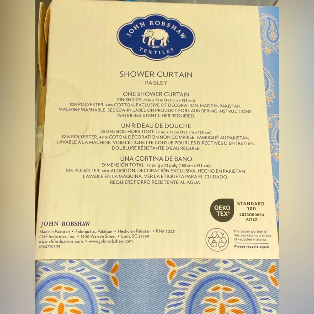 John Robshaw Textiles Paisley Luxury Embroidered Edge Blue Fabric Shower Curtain